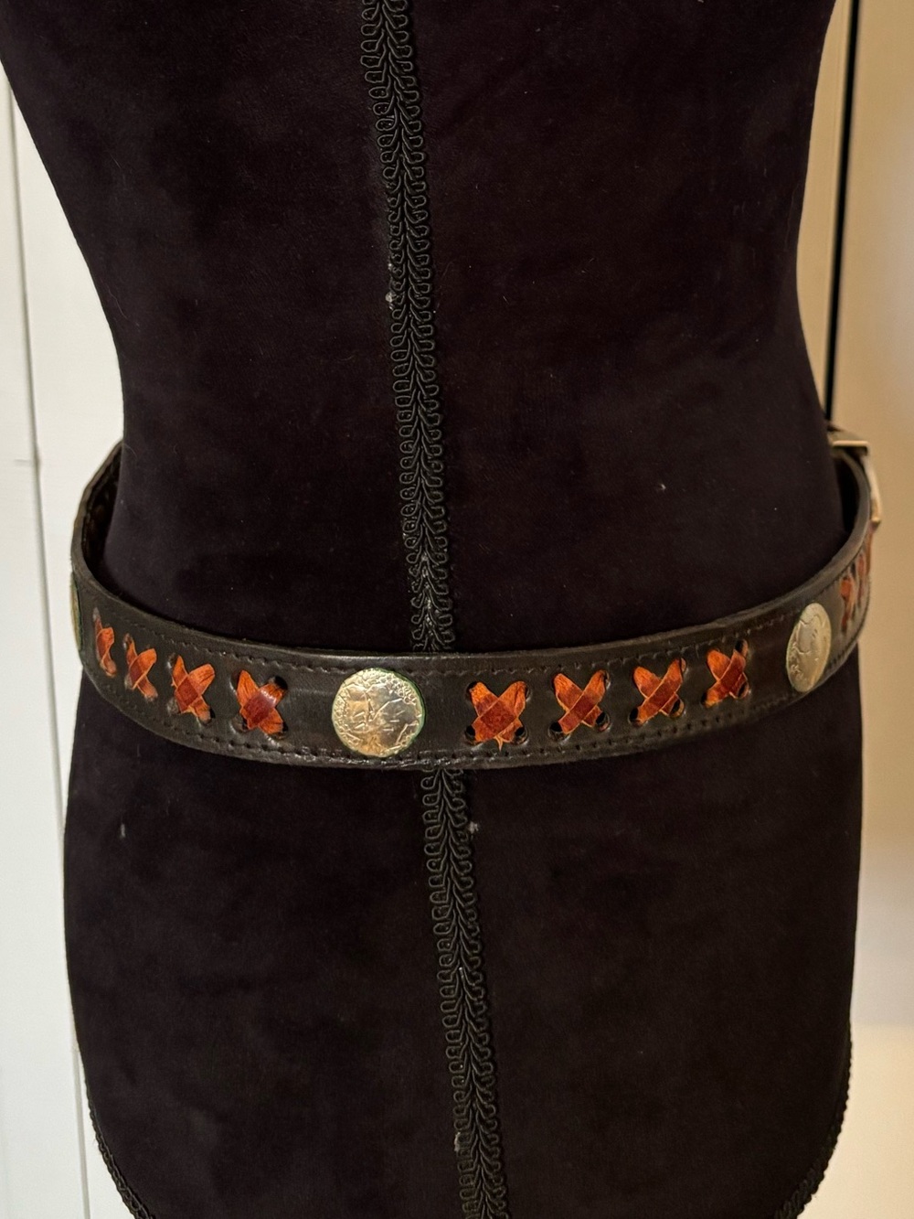 Vintage LW Paris (Louis Wolfer) Black & Brown Leather Belt Silver Medallions 32 - Picture 7 of 12